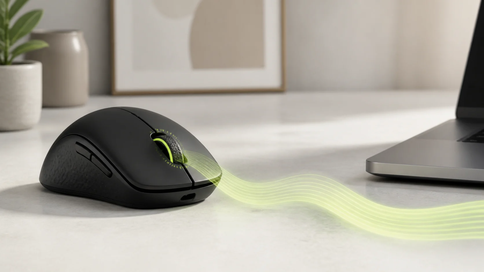A black mouse sending a smooth lime-green scrolling motion toward a Mac laptop