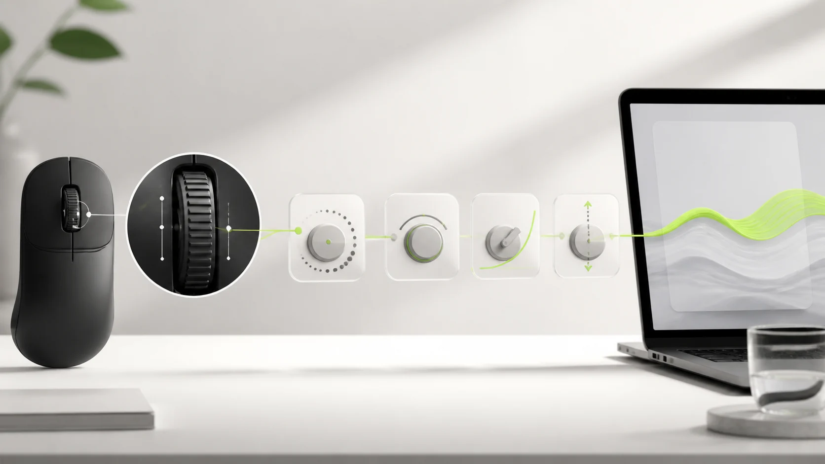 Percorso visivo dall’input discreto della rotellina, attraverso i controlli, allo scorrimento continuo su Mac