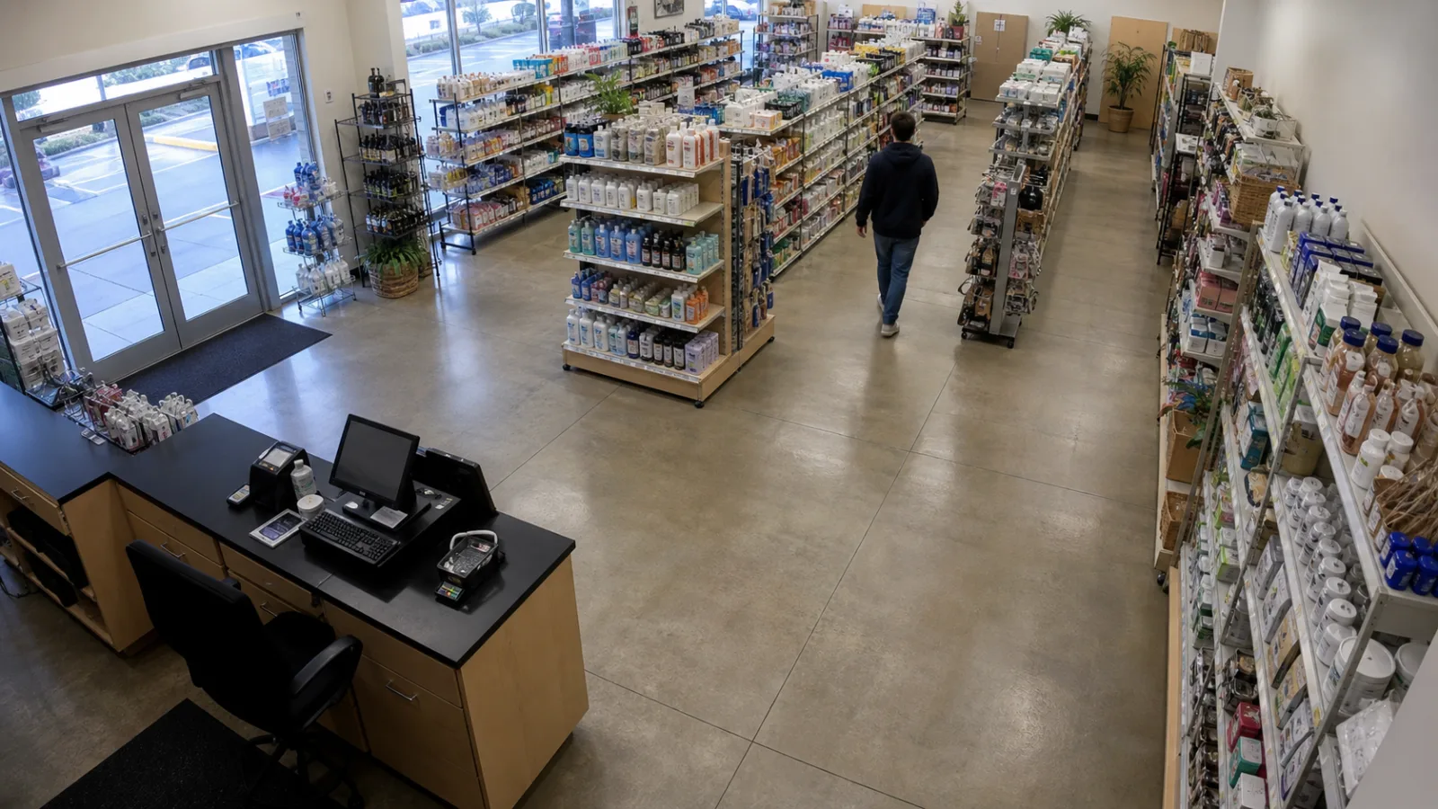 Forhøjet butikssikkerhedskameraudsigt med en indgang, kassedisk, varegange og en fjern shopper
