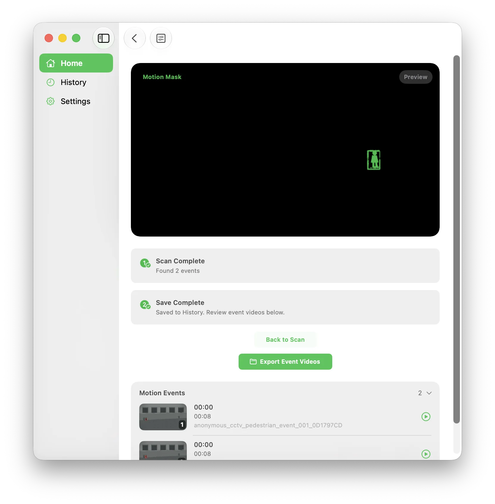 Resultados del escaneo de movimiento del patio MoFind con marcas de tiempo y miniaturas de eventos