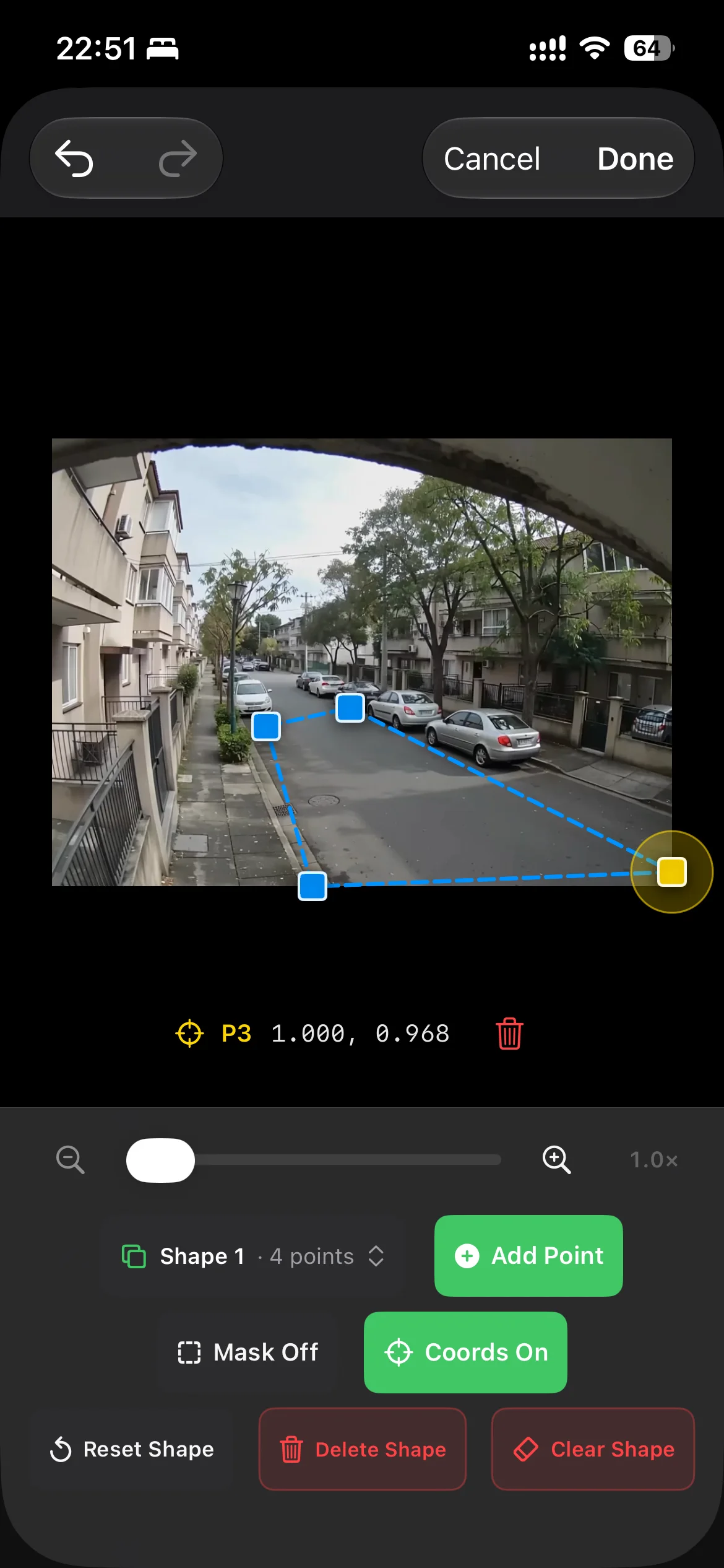 MoFind iPhone 检测区域编辑器，在街道周围绘制多边形区域