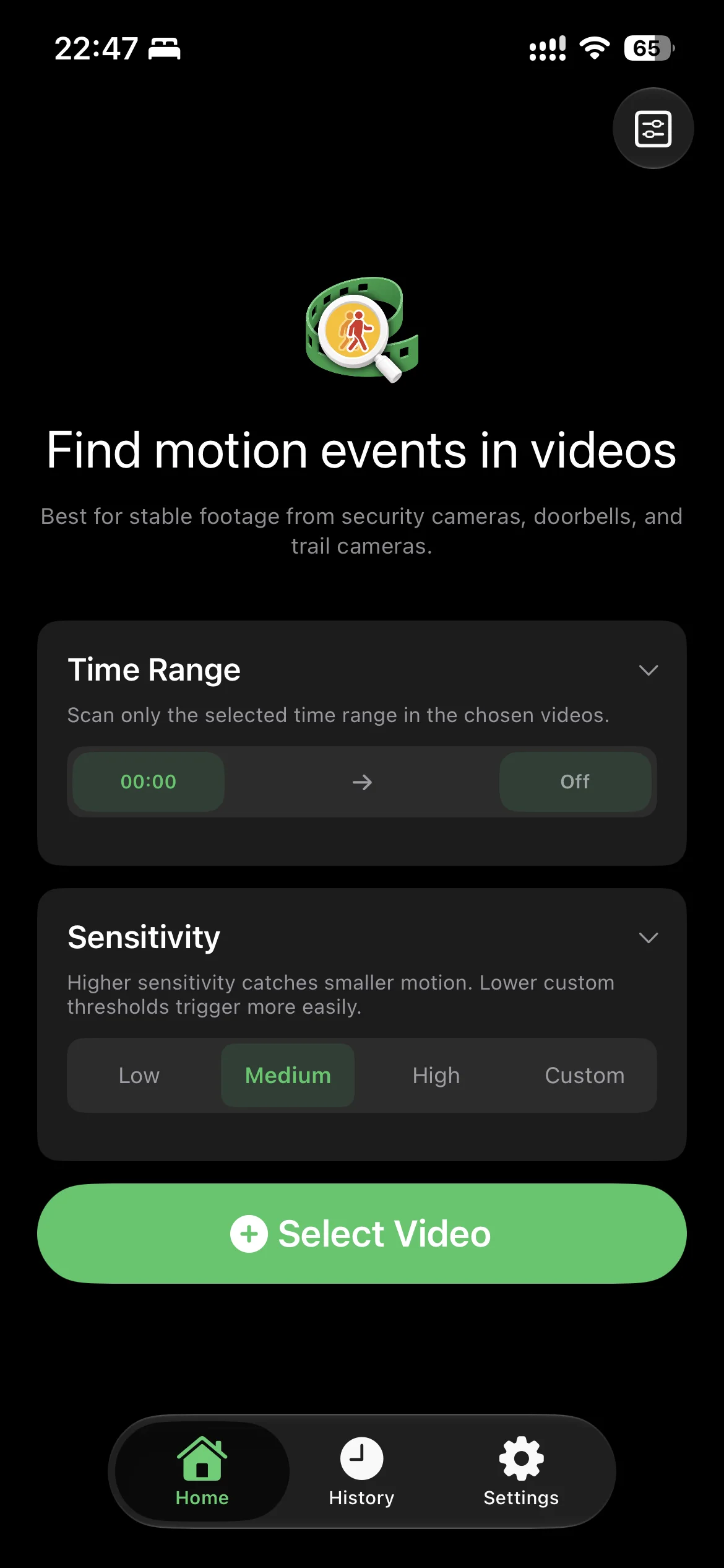 MoFind iPhone 主界面，用于运动扫描