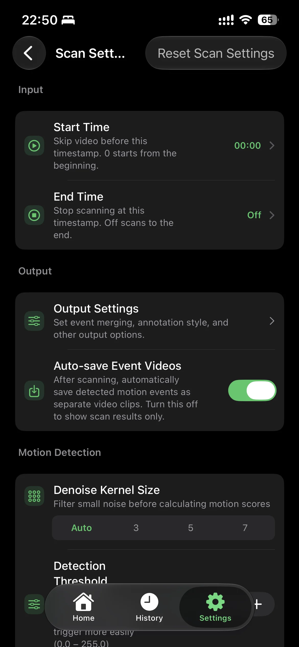 MoFind iPhone 扫描设置，包含时间范围、输出和检测选项
